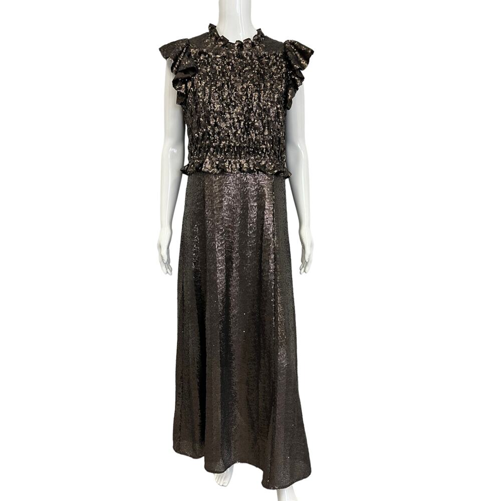 SEA New York $425 Bronze Metallic Sequin Rachelle Ruffle Maxi Smocked Gown 8